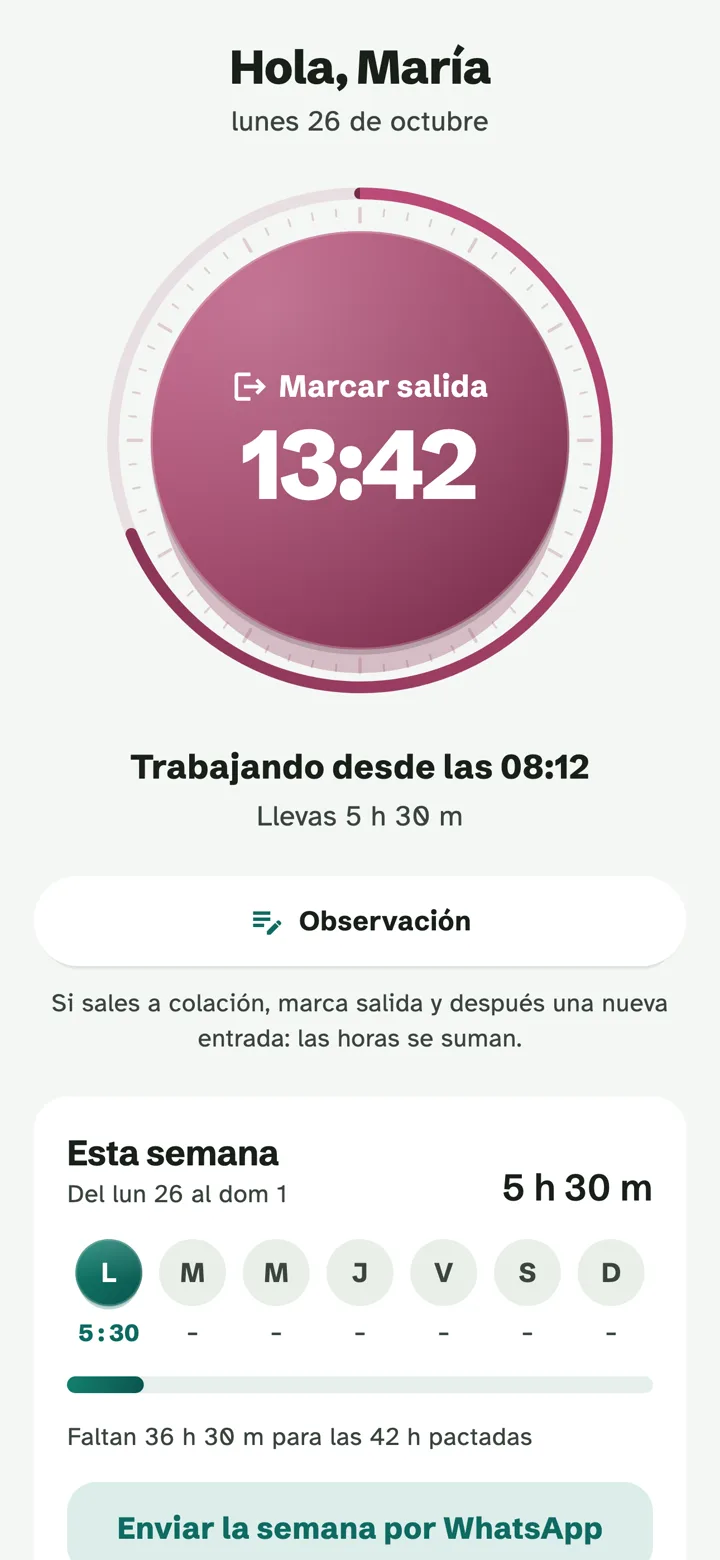 Pantalla Hoy de la trabajadora, con el botón grande para marcar la salida y las horas de la semana.